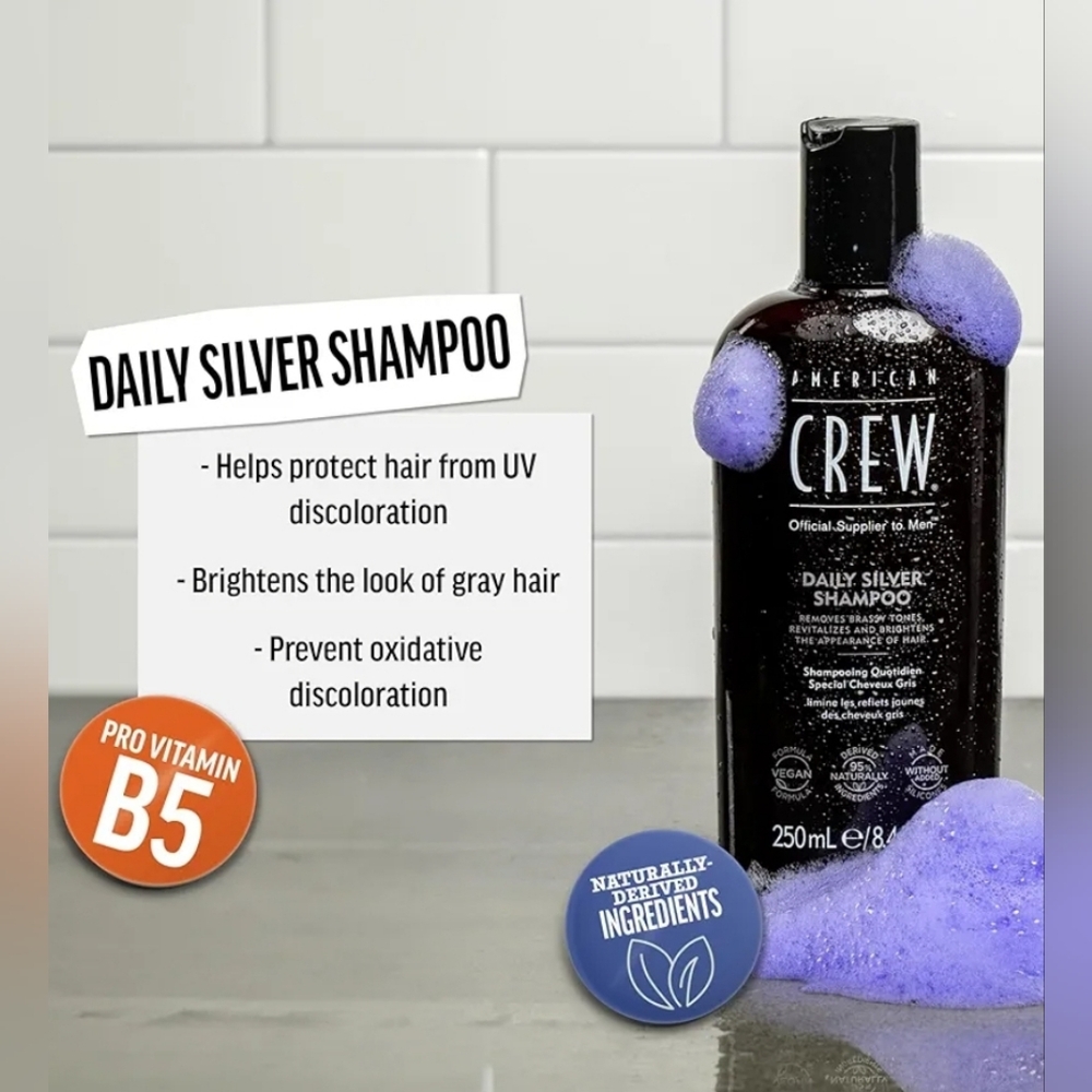 TWO American Crew Men's Shampoo, Daily Silver, Removes Brassy Tones 250ml